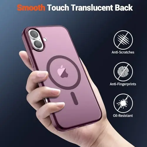 SUPFINE iPhone 16 Plus uchun magnitli g‘ilof (MagSafe bilan mos)(10 FT harbiy darajadagi tushishdan himoya) Yengil yarim shaffof matli zarbga chidamli barmoq izlariga qarshi telefon g‘ilofi, vino rangi - 6