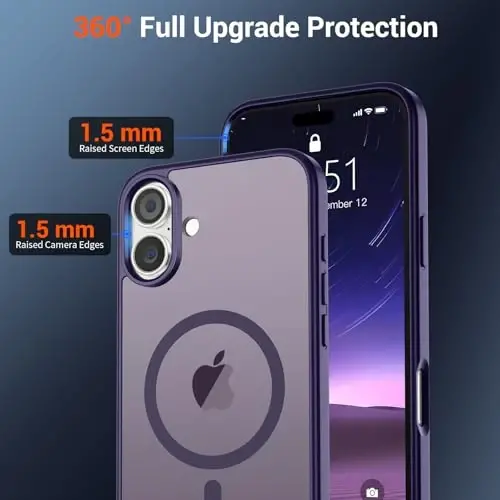 SUPFINE iPhone 16 Plus uchun magnitli g‘ilof (MagSafe bilan mos)(Harbiy darajadagi tushishdan himoya) Yupqa yarim shaffof matli zarbga chidamli barmoq izlariga qarshi telefon g‘ilofi, to‘q binafsha - 3