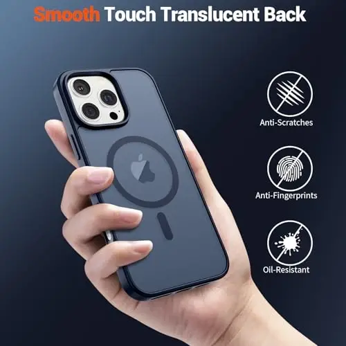 SUPFINE iPhone 16 Pro için Manyetik Kılıf, Ekran Koruyuculu (MagSafe Uyumlu) (Askeri Sınıf Düşme Koruması) Yarı Saydam Mat Darbeye Dayanıklı Telefon Kapağı, Koyu Mavi - 6