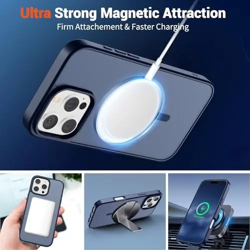 SUPFINE iPhone 16 Pro için Manyetik Kılıf, Ekran Koruyuculu (MagSafe Uyumlu) (Askeri Sınıf Düşme Koruması) Yarı Saydam Mat Darbeye Dayanıklı Telefon Kapağı, Koyu Mavi - 3