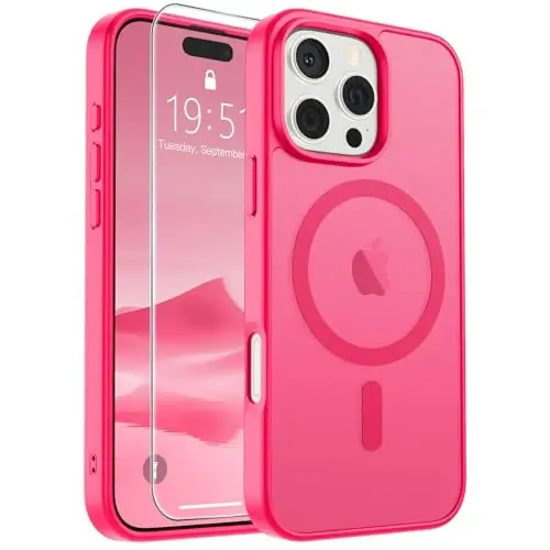 SUPFINE Magnetic for iPhone 16 Pro Case (Compatible with MagSafe) (Military Grade Drop Protection) Slim Translucent Matte Shockproof with Anti-Fingerprint Phone Case,Hot Pink 