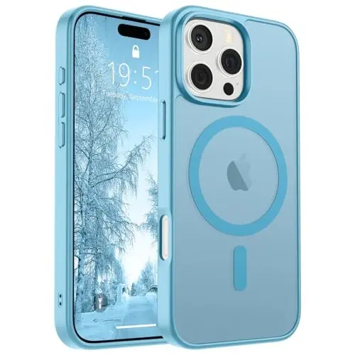 SUPFINE iPhone 16 Pro için Manyetik Kılıf (MagSafe Uyumlu) (Askeri Sınıf Düşme Koruması) İnce Yarı Saydam Mat Darbeye Dayanıklı Parmak İzi Önleyici Telefon Kılıfı, Açık Mavi - SUPFINE