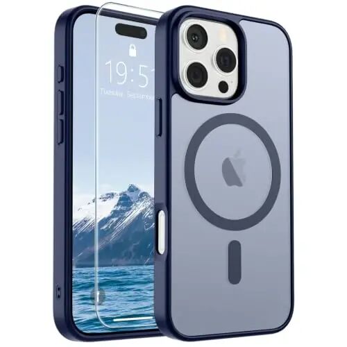 SUPFINE Magnetic for iPhone 16 Pro Case Navy Blue | With Screen Protector, Translucent Matte, Compatible with MagSafe, Military Grade Drop Proof, Rugged Shockproof Protective 
