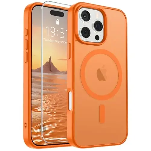 SUPFINE iPhone 16 Pro Max için Manyetik Kılıf, Ekran Koruyuculu (MagSafe Uyumlu) (Askeri Sınıf Düşme Koruması) Yarı Saydam Mat Darbeye Dayanıklı Telefon Kılıfı, Yıldızlı Turuncu 