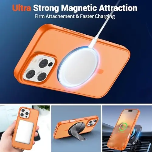 SUPFINE iPhone 16 Pro Max için Manyetik Kılıf, Ekran Koruyuculu (MagSafe Uyumlu) (Askeri Sınıf Düşme Koruması) Yarı Saydam Mat Darbeye Dayanıklı Telefon Kılıfı, Yıldızlı Turuncu - 5