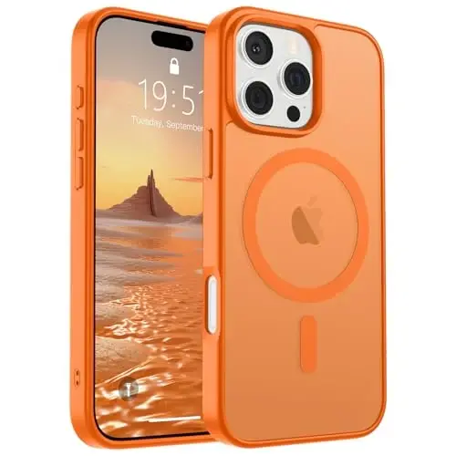 SUPFINE iPhone 16 Pro Max için Manyetik Kılıf, Ekran Koruyuculu (MagSafe Uyumlu) (Askeri Sınıf Düşme Koruması) Yarı Saydam Mat Darbeye Dayanıklı Telefon Kılıfı, Yıldızlı Turuncu 