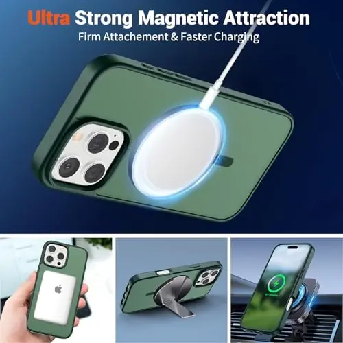 SUPFINE Magnetic for iPhone 16 Pro Max Case (Compatible with MagSafe) (Military Grade Drop Protection) Slim Translucent Matte Shockproof with Anti-Fingerprint Phone Case,Forest Green - 5