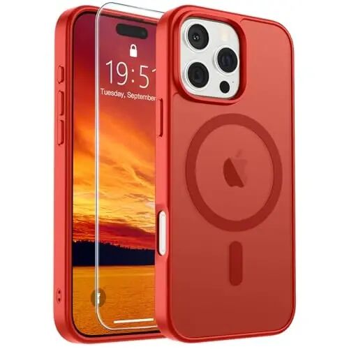SUPFINE Magnetic for iPhone 16 Pro Max Case (Compatible with MagSafe) (Military Grade Drop Protection) Slim Translucent Matte Shockproof with Anti-Fingerprint Phone Case,Red 