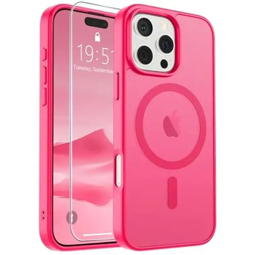SUPFINE Magnetic for iPhone 16 Pro Max Case Hot Pink | With Screen Protector, Translucent Matte, Compatible with MagSafe, Military Grade Drop Proof, Rugged Shockproof Protective 