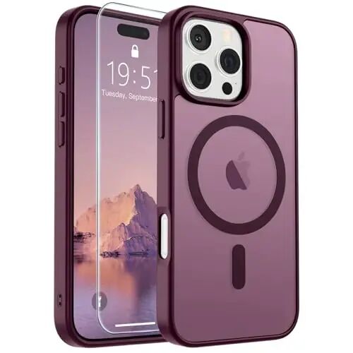 SUPFINE Magnetic for iPhone 16 Pro Max Case Wine Red | With Screen Protector, Translucent Matte, Compatible with MagSafe, Military Grade Drop Proof, Rugged Shockproof Protective 