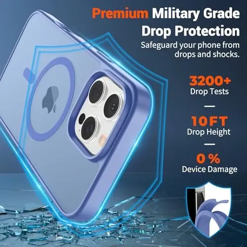 SUPFINE iPhone 16 Pro uchun magnitli g'ilof (MagSafe bilan mos) (Harbiy darajadagi tushishdan himoya) Yupqa shaffof mato zarbga chidamli barmoq izlariga qarshi telefon g'ilofi, Moviy Binafsha - 3