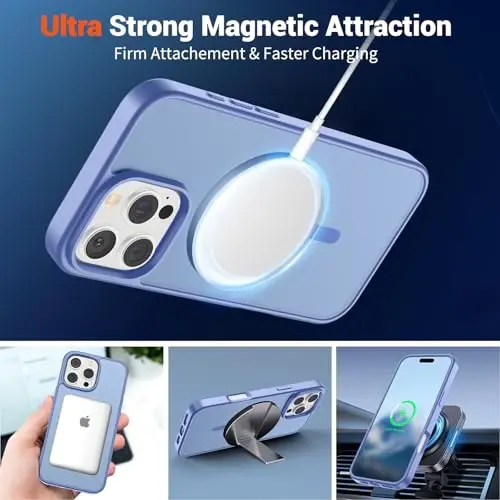 SUPFINE iPhone 16 Pro uchun magnitli g'ilof (MagSafe bilan mos) (Harbiy darajadagi tushishdan himoya) Yupqa shaffof mato zarbga chidamli barmoq izlariga qarshi telefon g'ilofi, Moviy Binafsha - 5