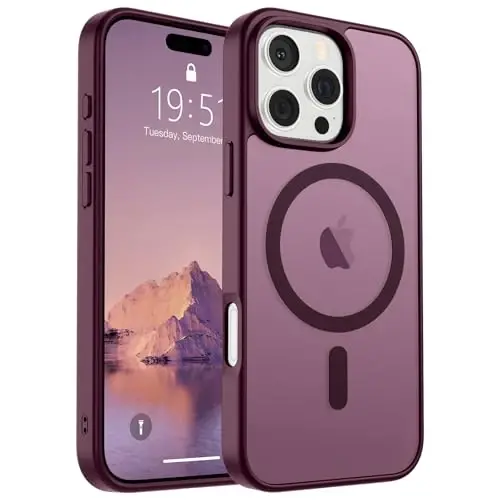 SUPFINE iPhone 16 Pro uchun magnitli g‘ilof (MagSafe bilan mos) (harbiy darajadagi zarbadan himoya) Yengil yarim shaffof matli barmoq izlariga qarshi telefon g‘ilofi, to‘q qizil 