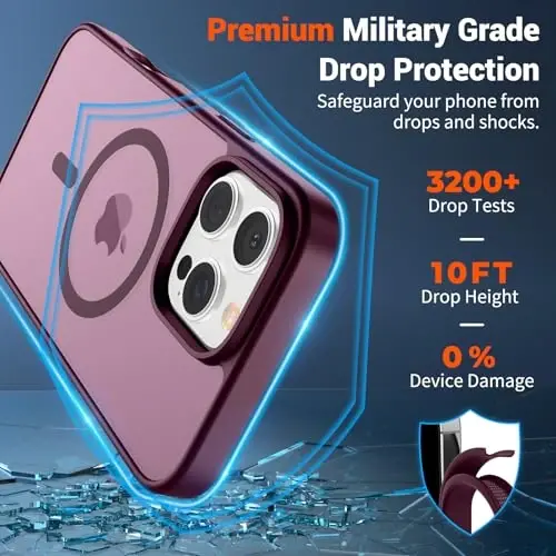 SUPFINE iPhone 16 Pro uchun magnitli g‘ilof (MagSafe bilan mos) (harbiy darajadagi zarbadan himoya) Yengil yarim shaffof matli barmoq izlariga qarshi telefon g‘ilofi, to‘q qizil - 3