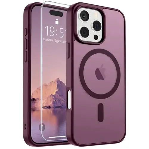 SUPFINE iPhone 16 Pro uchun magnitli g‘ilof (MagSafe bilan mos) (harbiy darajadagi zarbadan himoya) Yengil yarim shaffof matli barmoq izlariga qarshi telefon g‘ilofi, to‘q qizil - 1
