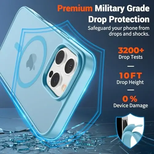 SUPFINE iPhone 16 Pro uchun magnitli g'ilof (MagSafe bilan mos keladi) (Harbiy darajadagi himoya) Yupqa, yarim shaffof, mat, zarbga chidamli va barmoq izlariga qarshi telefon g'ilofi, och moviy rang - 3