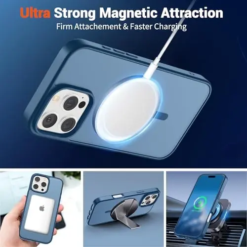 SUPFINE iPhone 16 Pro uchun magnitli g'ilof (MagSafe bilan mos keladi) (Harbiy darajadagi tushishdan himoya) Yupqa yarim shaffof mat zarbga chidamli barmoq izlariga qarshi telefon g'ilofi, to'q ko'k - 5