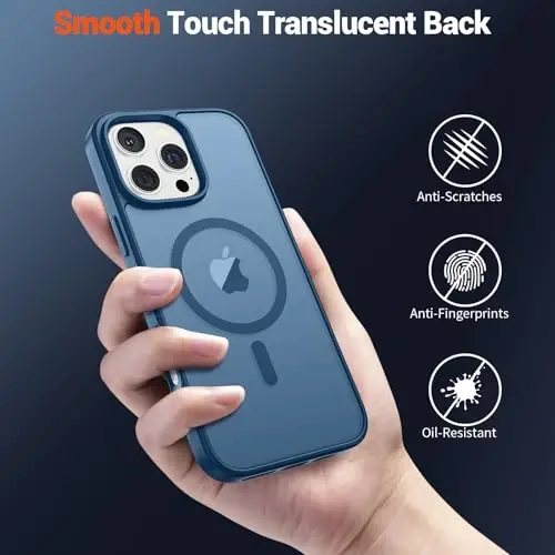 SUPFINE iPhone 16 Pro uchun magnitli g'ilof (MagSafe bilan mos keladi) (Harbiy darajadagi tushishdan himoya) Yupqa yarim shaffof mat zarbga chidamli barmoq izlariga qarshi telefon g'ilofi, to'q ko'k - 6