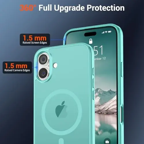 SUPFINE iPhone 16 uchun magnitli g‘ilof (MagSafe bilan mos) (Harbiy darajadagi tushishdan himoya) Yupqa yarim shaffof mato zarbga chidamli, barmoq izlariga qarshi telefon g‘ilofi, ko‘k yashil - 4