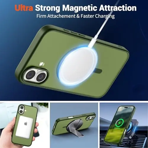SUPFINE iPhone 16 uchun magnitli g‘ilof (MagSafe bilan mos) (Harbiy standartdagi zarbadan himoya) Yupqa yarim shaffof mato, barmoq izlariga qarshi telefon g‘ilofi, Cangling yashil - 4