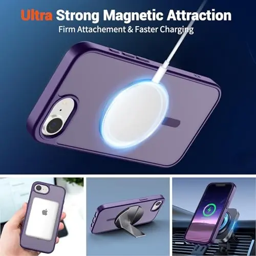 SUPFINE iPhone 16e 2025 uchun magnitli g'ilof (MagSafe bilan mos keladi) (Harbiy darajadagi tushishdan himoya) Yengil yarim shaffof matli zarbga chidamli barmoq izlariga qarshi telefon g'ilofi, to'q binafsha - 4