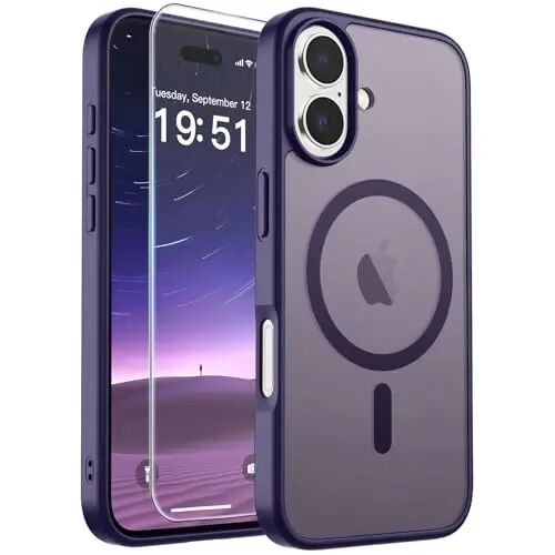 SUPFINE Magnetic for iPhone 17 Case Dark Purple with Screen Protector | Translucent Matte Phone Cover, Compatible with MagSafe, Military Grade Drop Proof, Rugged Shockproof Protective 
