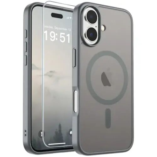 SUPFINE Magnetic for iPhone 17 Case Gray with Screen Protector | Translucent Matte Phone Cover, Compatible with MagSafe, Military Grade Drop Proof, Rugged Shockproof Protective 