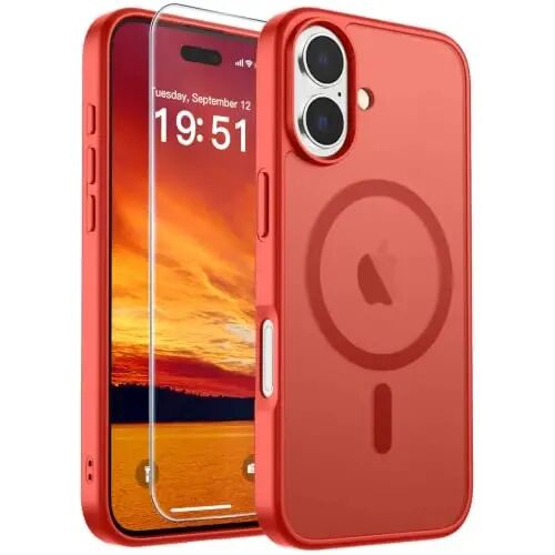 SUPFINE Magnetic for iPhone 17 Case Red with Screen Protector | Translucent Matte Phone Cover, Compatible with MagSafe, Military Grade Drop Proof, Rugged Shockproof Protective 