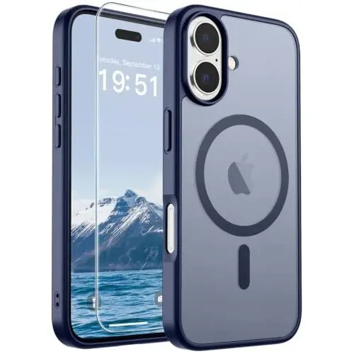SUPFINE Magnetic for iPhone 17 Case Navy Blue with Screen Protector | Translucent Matte Phone Cover, Compatible with MagSafe, Military Grade Drop Proof, Rugged Shockproof Protective 