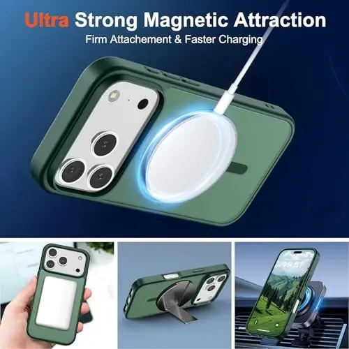 SUPFINE iPhone 17 Pro için Manyetik Kılıf (MagSafe Uyumlu) (Askeri Sınıf Düşme Koruması) Yarı Saydam Mat Darbeye Dayanıklı ve Parmak İzi Önleyici Telefon Kılıfı, Orman Yeşili - 5