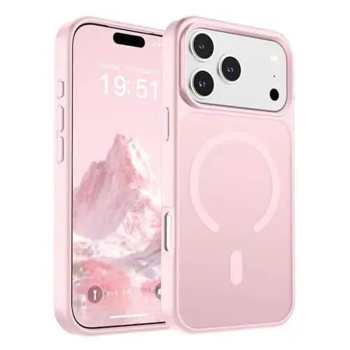 SUPFINE iPhone 17 Pro ile Uyumlu Manyetik Kılıf ve Ekran Koruyucu (MagSafe Uyumlu) (Askeri Sınıf Düşme Koruması) Yarı Saydam Mat Darbeye Dayanıklı ve Parmak İzi Önleyici Telefon Kılıfı, Açık Pembe 