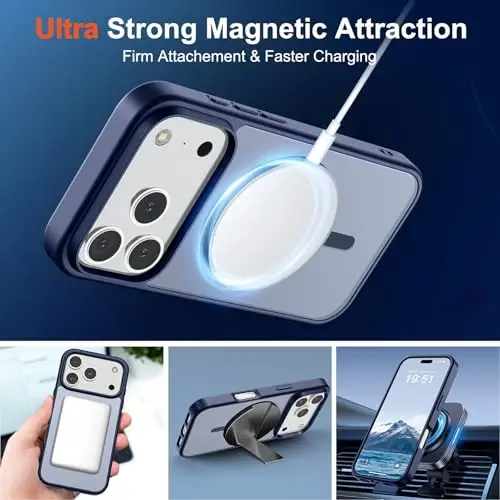 SUPFINE iPhone 17 Pro Kılıf için Manyetik (MagSafe Uyumlu) (Askeri Sınıf Düşme Koruması) Yarı Saydam Mat Darbeye Dayanıklı, Parmak İzi Önleyici Telefon Kılıfı, Lacivert - 5
