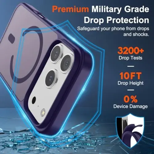 SUPFINE iPhone 17 Pro Max G‘ilof uchun magnitli (MagSafe bilan mos keladi) (Harbiy darajadagi tushishdan himoya) Yarim shaffof matli, barmoq iziga qarshi zarbaga chidamli telefon qoplami, To‘q binafsha rang - 2