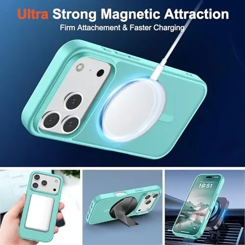 SUPFINE iPhone 17 Pro Max için Manyetik Kılıf (MagSafe Uyumlu) (Askeri Sınıf Düşme Koruması) Yarı Saydam Mat Darbeye Dayanıklı ve Parmak İzi Önleyici Telefon Kılıfı, Mavi Yeşil - 5