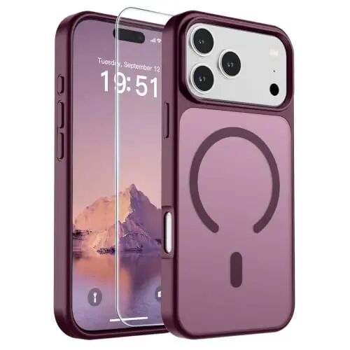 SUPFINE Magnetic for iPhone 17 Pro Max Case Wine Red | With Screen Protector, Translucent Matte, Compatible with MagSafe, Military Grade Drop Proof, Rugged Shockproof Protective 
