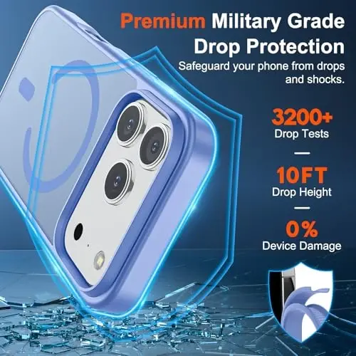 SUPFINE iPhone 17 Pro Max uchun magnit gʻilof (MagSafe bilan mos keladi) (Harbiy darajadagi tushishdan himoya) Shaffof matli, zarbaga chidamli va barmoq izlariga qarshi telefon qopqogʻi, Moviy binafsha rang - 3