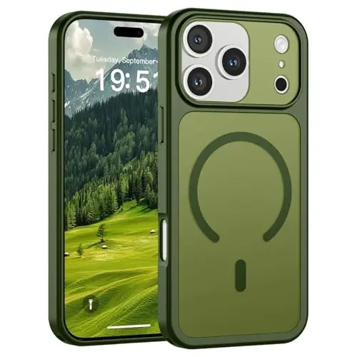 SUPFINE iPhone 17 Pro Max uchun magnit g‘ilof (MagSafe bilan mos keladi)(Harbiy darajadagi tushishdan himoya)(Kamera himoyasi) Shaffof mat zarbaga chidamli telefon g‘ilofi, Cangling Yashil 