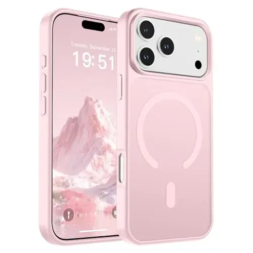 SUPFINE iPhone 17 Pro Max uchun magnitli g'ilof, ekran himoyachisi bilan (MagSafe bilan mos keladi) (Harbiy darajadagi tushishdan himoya) Yarim shaffof mat zarbaga chidamli, barmoq izlariga qarshi telefon qopqog'i, och pushti rang 
