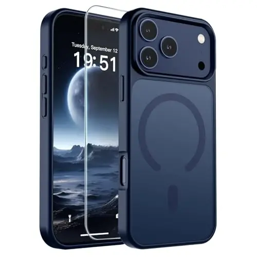SUPFINE iPhone 17 Pro Max uchun magnitli g‘ilof, ekran himoyachisi bilan (MagSafe bilan mos keladi) (Harbiy darajadagi tushishdan himoya) Yarim shaffof matli zarbga chidamli, barmoq iziga qarshi telefon g‘ilofi, To‘q ko‘k rang 