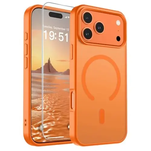 SUPFINE iPhone 17 Pro Max uchun magnitli g‘ilof, ekran himoyachisi bilan (MagSafe bilan mos keladi) (Harbiy darajadagi zarbadan himoya) Shaffof matli zarbga chidamli telefon g‘ilofi, Yulduzli to‘q sariq - SUPFINE