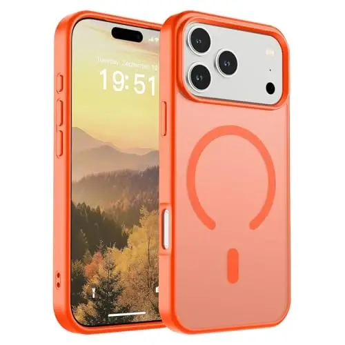 SUPFINE iPhone 17 Pro Max uchun magnitli g‘ilof (MagSafe bilan mos keladi) (Harbiy darajadagi tushishdan himoya) Yarim shaffof mat zarbga chidamli barmoq izlariga qarshi telefon qopqog‘i 2025, apelsin 