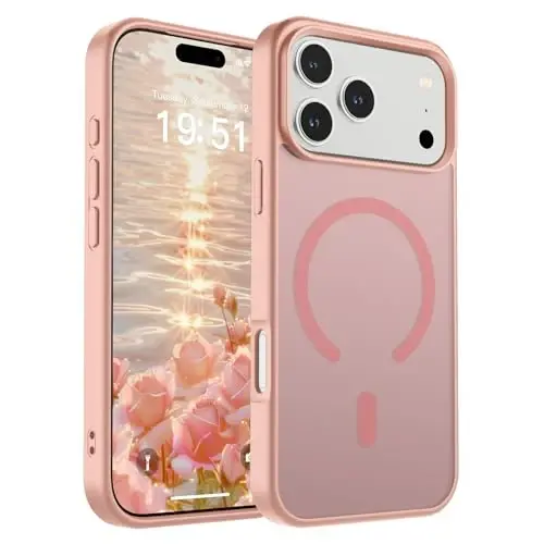 SUPFINE iPhone 17 Pro Max uchun magnitli g'ilof (MagSafe bilan mos keladi) (Harbiy darajadagi tushishdan himoya) Yarim shaffof matli zarbaga chidamli va barmoq izlariga qarshi telefon qopqog'i, Pushti 