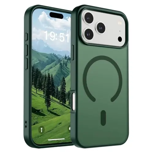 SUPFINE iPhone 17 Pro Max uchun magnitli g'ilof (MagSafe bilan mos keladi) (Harbiy darajadagi tushishdan himoya) Yarim shaffof matli, zarbga chidamli, barmoq izlariga qarshi telefon g'ilofi, o'rmon yashil rangi 