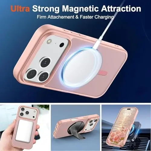 SUPFINE iPhone 17 Pro uchun magnit g‘ilof (MagSafe bilan mos keladi) (Harbiy darajadagi tushishdan himoya) Shaffof mat zarbaga chidamli va barmoq izlariga qarshi telefon qopqog‘i, Pushti - 5