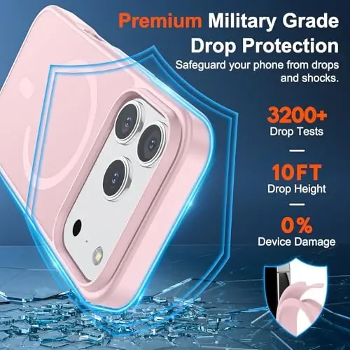 SUPFINE iPhone 17 Pro uchun magnitli g'ilof, ekran himoyachisi bilan (MagSafe bilan mos keladi) (Harbiy darajadagi tushishdan himoya) Yarim shaffof matli zarbaga chidamli, barmoq izlariga qarshi telefon g'ilofi, och pushti rang - 3