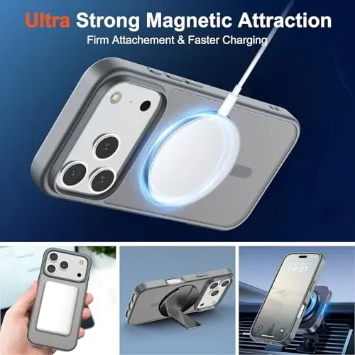 SUPFINE iPhone 17 Pro uchun magnitli g'ilof (MagSafe bilan mos keladi) (Harbiy darajadagi tushishdan himoya) Shaffof matli zarbga chidamli va barmoq izlariga qarshi telefon g'ilofi, Kulrang - 5