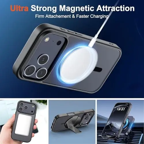 SUPFINE iPhone 17 Pro uchun magnitli g'ilof (MagSafe bilan mos keladi)(Harbiy darajadagi tushishdan himoya) Yarim shaffof mat zarbga chidamli barmoq izlariga qarshi telefon qopqog'i, Qora - 5