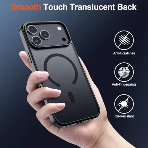 SUPFINE iPhone 17 Pro uchun magnitli g'ilof (MagSafe bilan mos keladi)(Harbiy darajadagi tushishdan himoya) Yarim shaffof mat zarbga chidamli barmoq izlariga qarshi telefon qopqog'i, Qora - 6