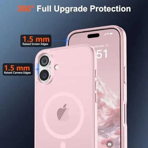 SUPFINE iPhone 17 uchun magnitli g‘ilof, ekran himoyachisi bilan (MagSafe bilan mos keladi) (Harbiy darajadagi himoya), shaffof mat, zarbaga chidamli va barmoq izlariga qarshi, och pushti rangdagi telefon g‘ilofi. - 4