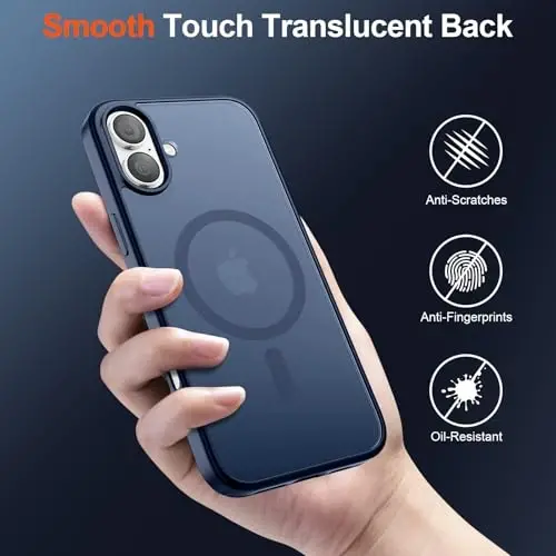 SUPFINE iPhone 17 uchun magnitli g‘ilof, ekran himoyachisi bilan (MagSafe bilan mos keladi) (Harbiy darajadagi tushishdan himoya), shaffof matli, zarbga chidamli va barmoq izlariga qarshi telefon g‘ilofi, to‘q ko‘k. - 6